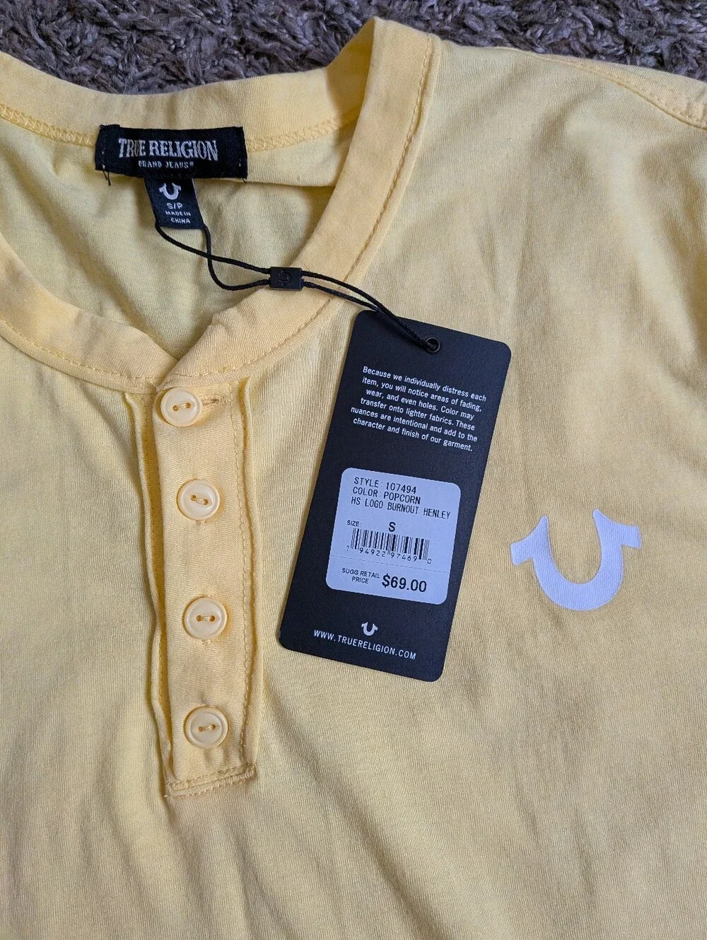 NWT True Religion Popcorn Yellow Logo Burnout Cotton Henley Shirt Men's S